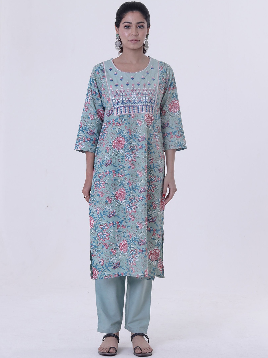 

TJORI Floral Printed Pure Cotton Straight Kurta with Trousers, Blue