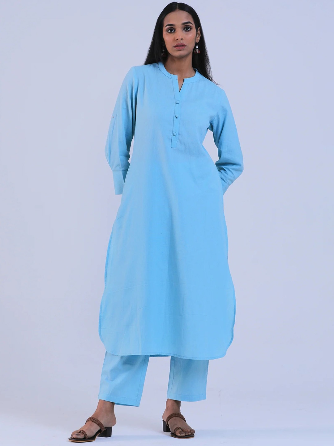 

TJORI Mandarin Collar Pure Cotton Kurta With Trousers, Blue