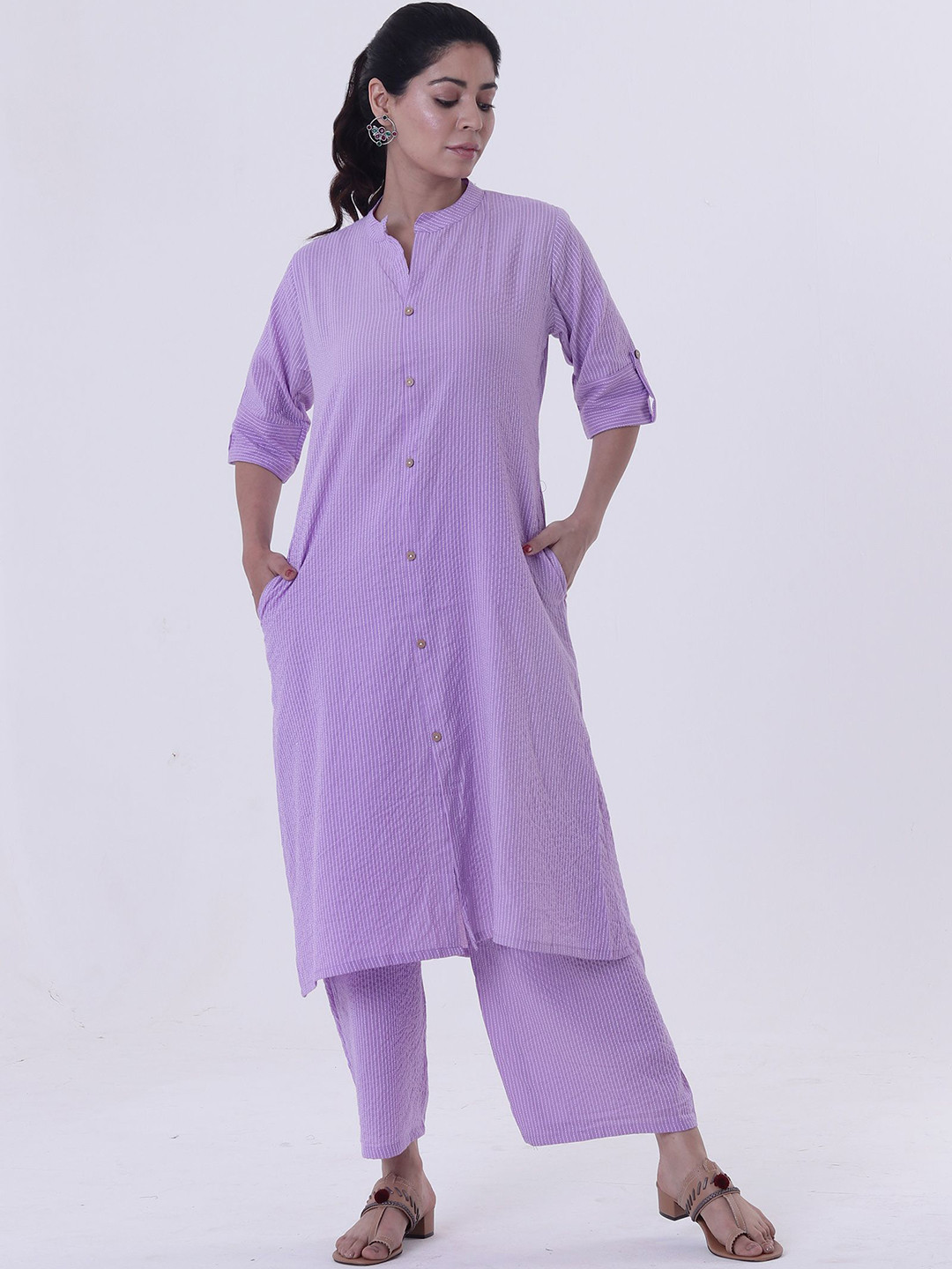 

TJORI Striped Regular Thread Work Pure Cotton Kurta with Palazzos, Lavender