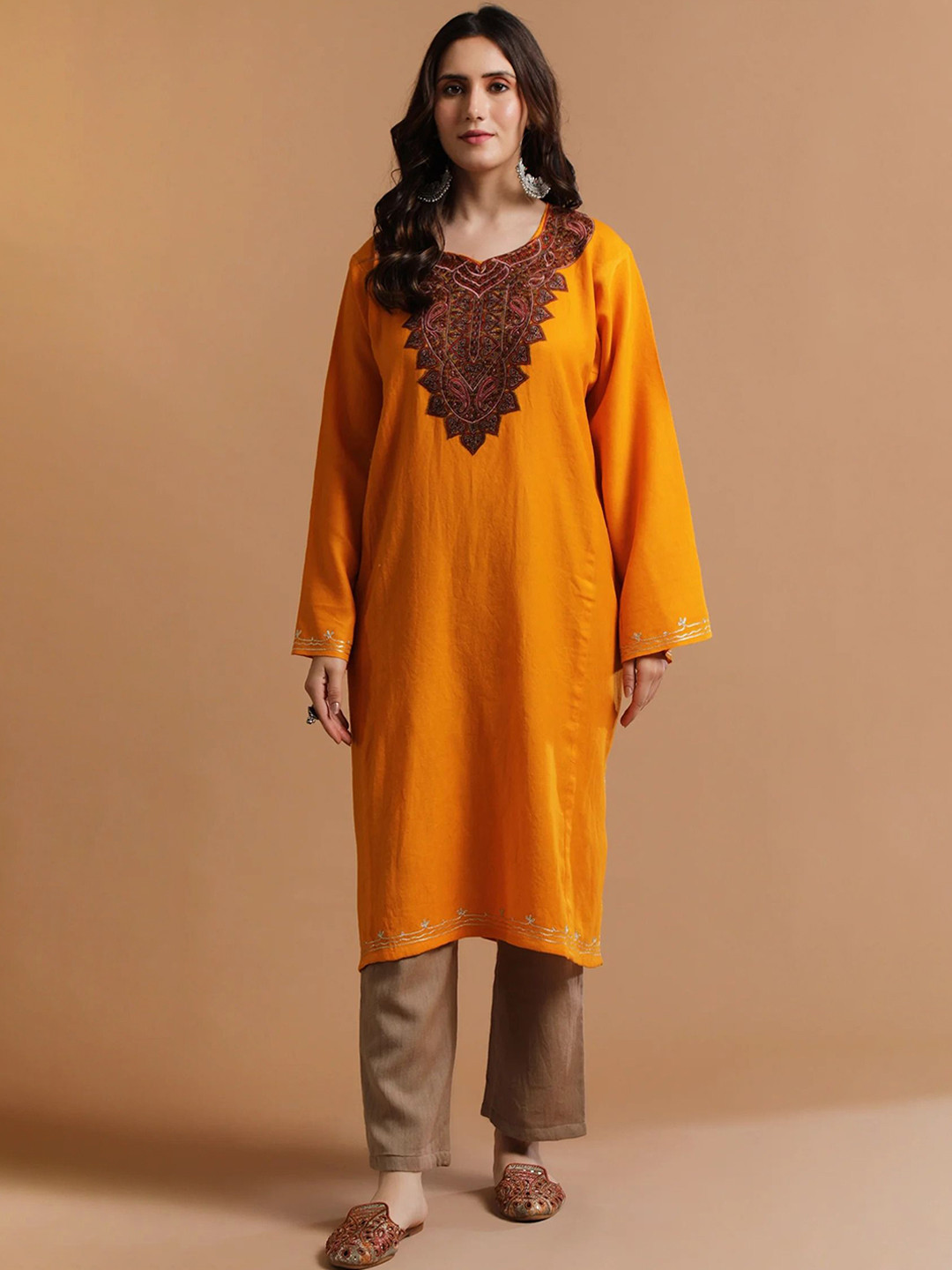 

TJORI Ethnic Motifs Yoke Design Thread Work Wool Straight Kurta With Trousers, Orange