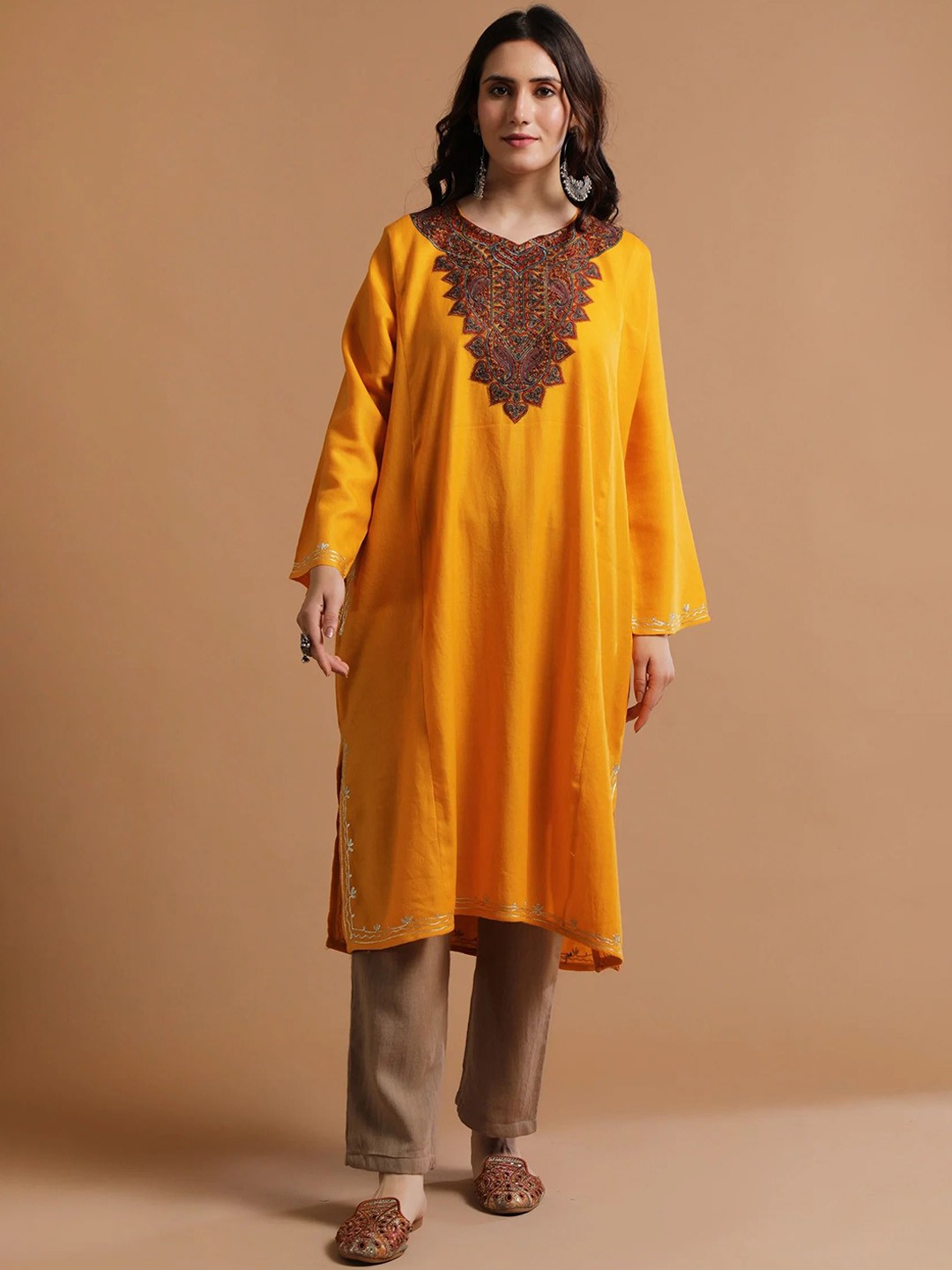 

TJORI Ethnic Motifs Yoke Design Thread Work Pure Wool Straight Kurta with Trousers, Orange