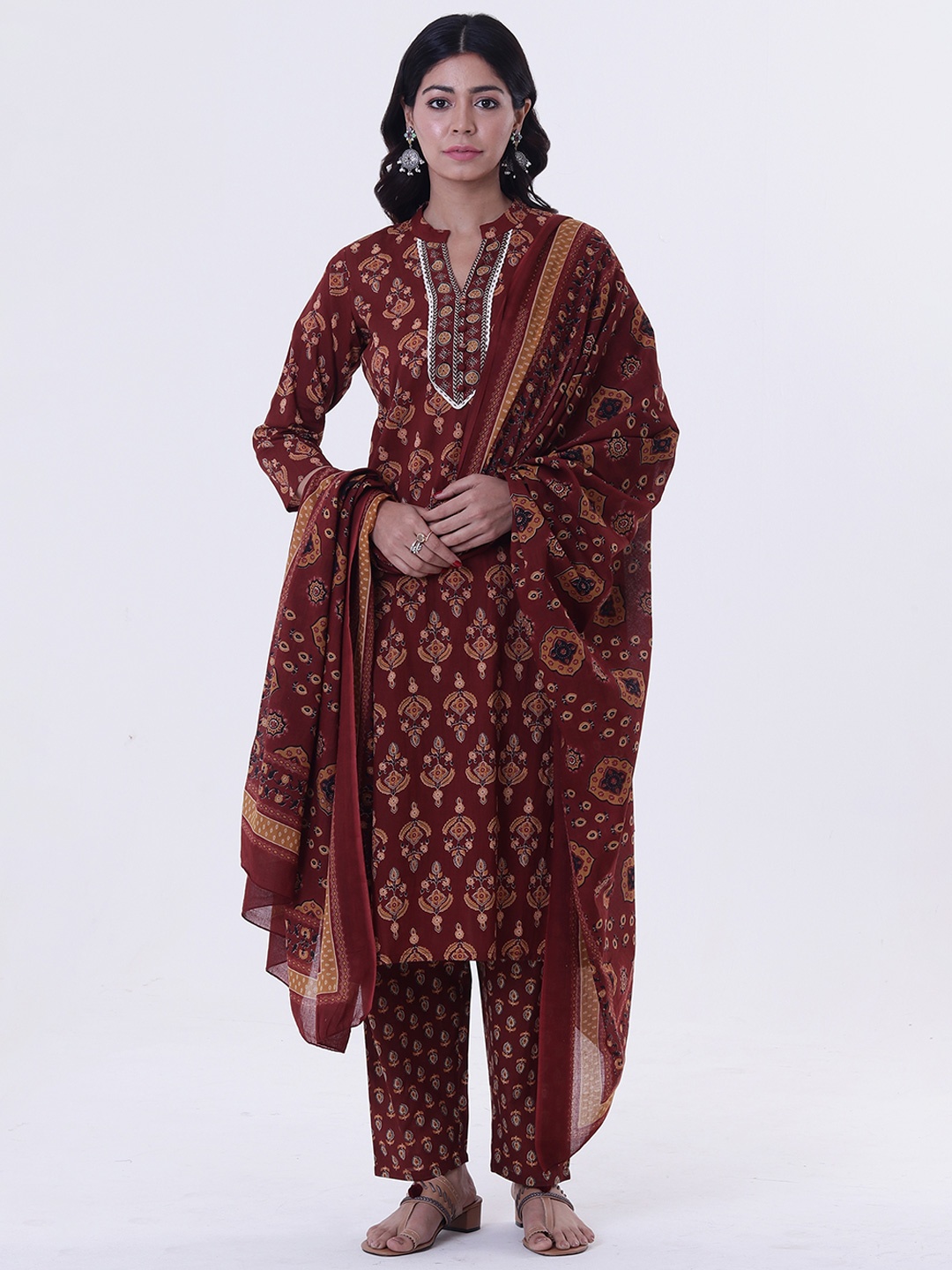 

TJORI Ethnic Motifs Printed Straight Pure Cotton Kurta with Trousers & Dupatta, Red