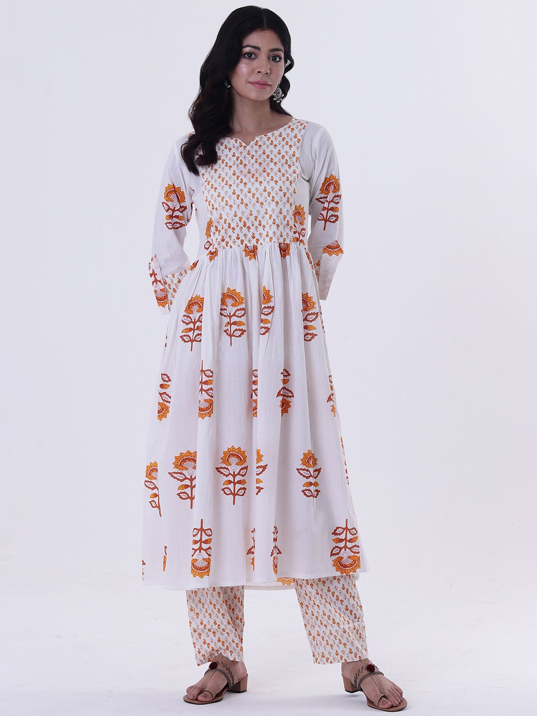 

TJORI Floral Printed Pleated Pure Cotton Kurta with Trousers, White