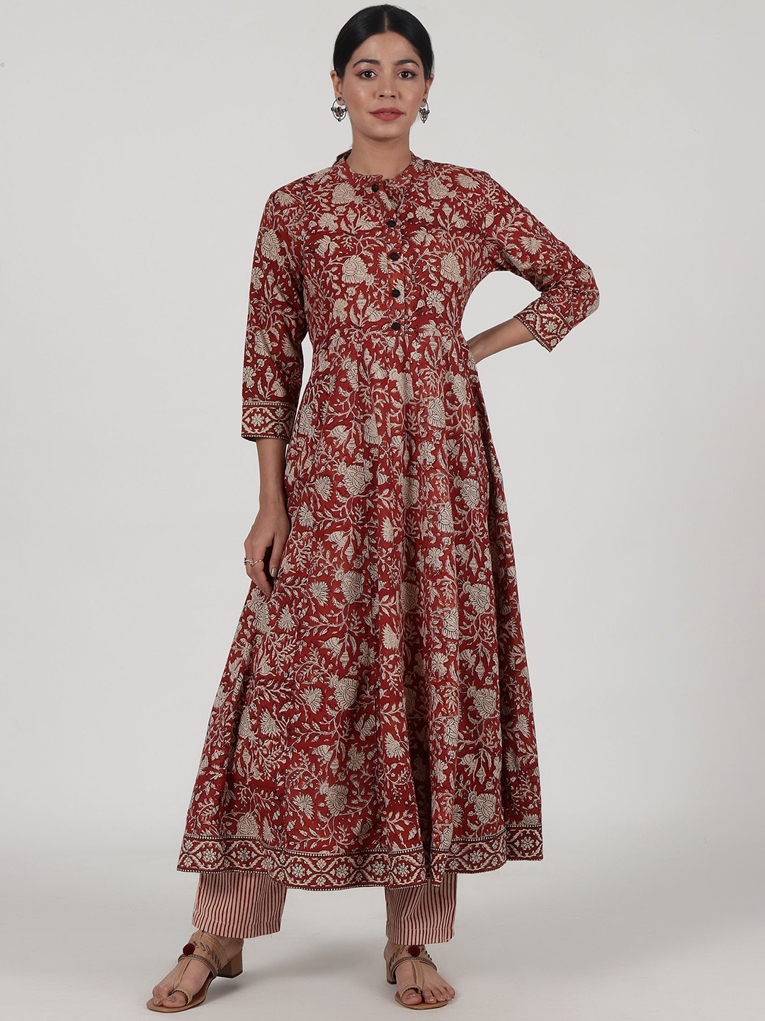 

TJORI Floral Printed Pure Cotton Anarkali Kurta with Trousers, Red