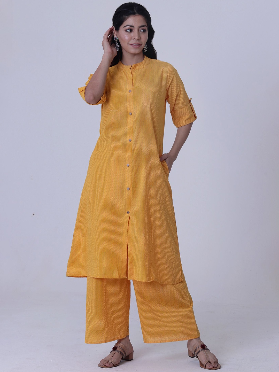 

TJORI Striped Regular Thread Work Pure Cotton Kurta with Trousers, Yellow