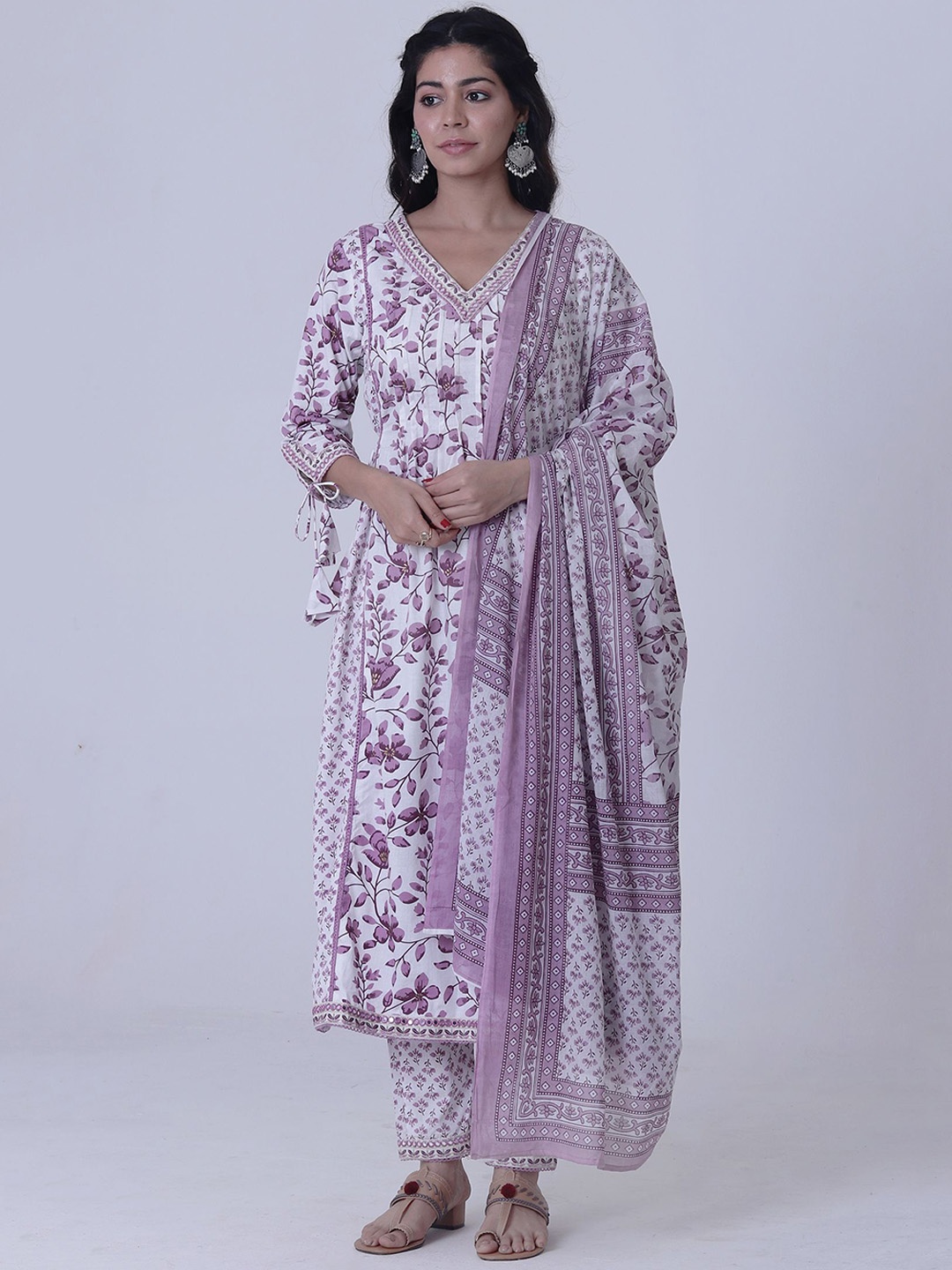 

TJORI Floral Printed Angrakha Pure Cotton Anarkali Kurta & Trousers With Dupatta, White