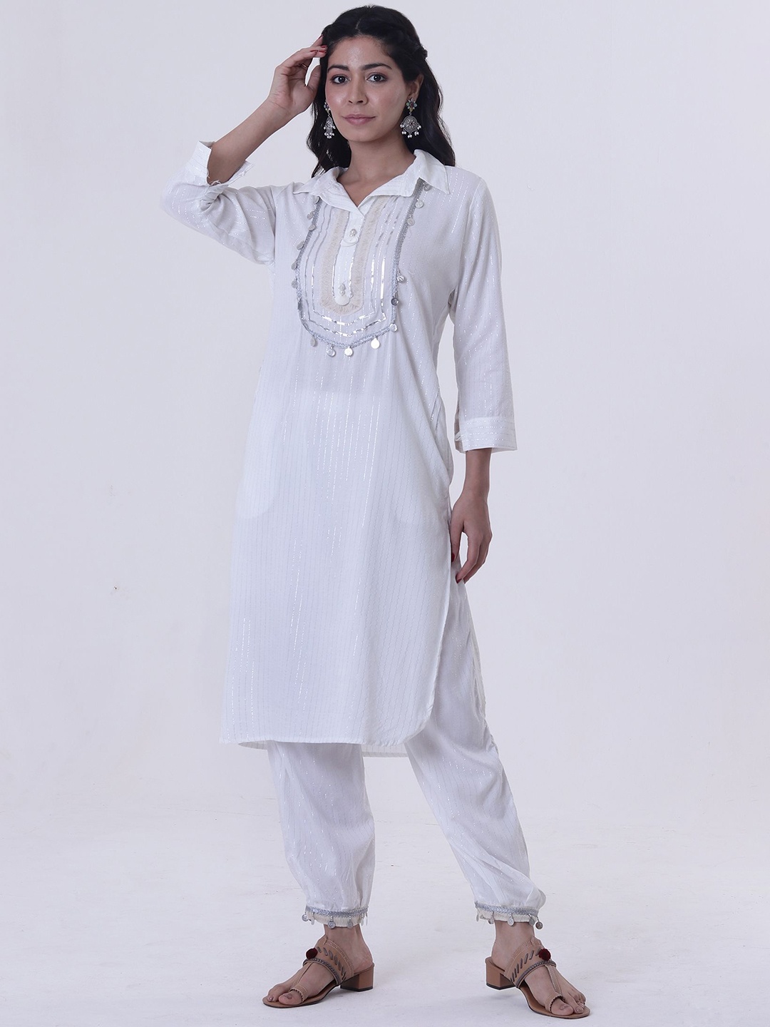 

TJORI Ethnic Motifs Yoke Design Gotta Patti Pathani Kurta with Salwar, White