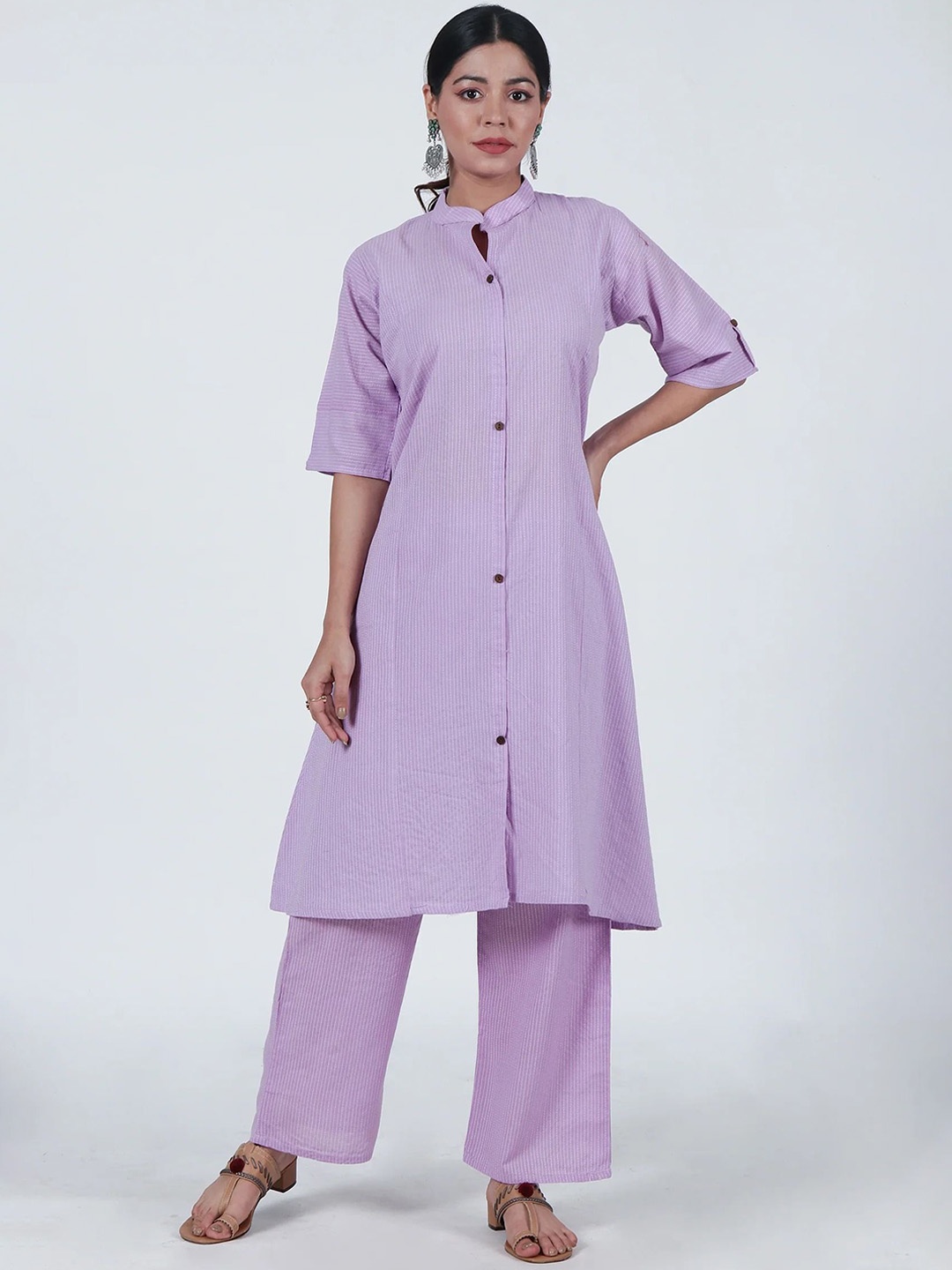 

TJORI Striped Straight Kurta with Palazzos, Purple