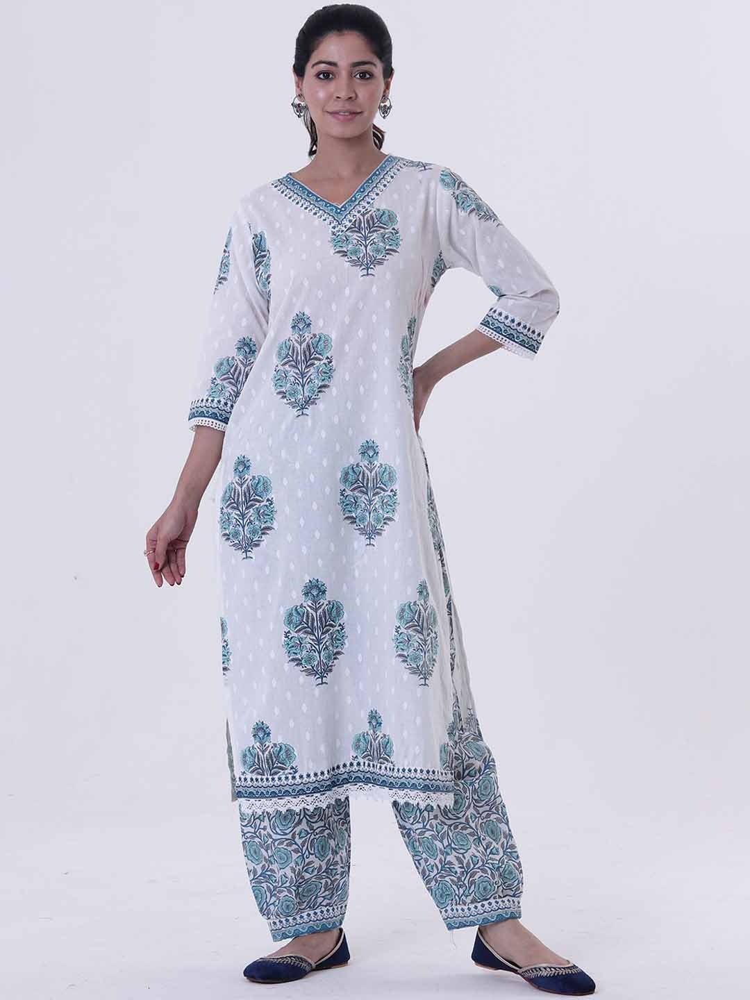 

TJORI Floral Printed V-Neck Regular Pure Cotton Straight Kurta With Salwar, Blue