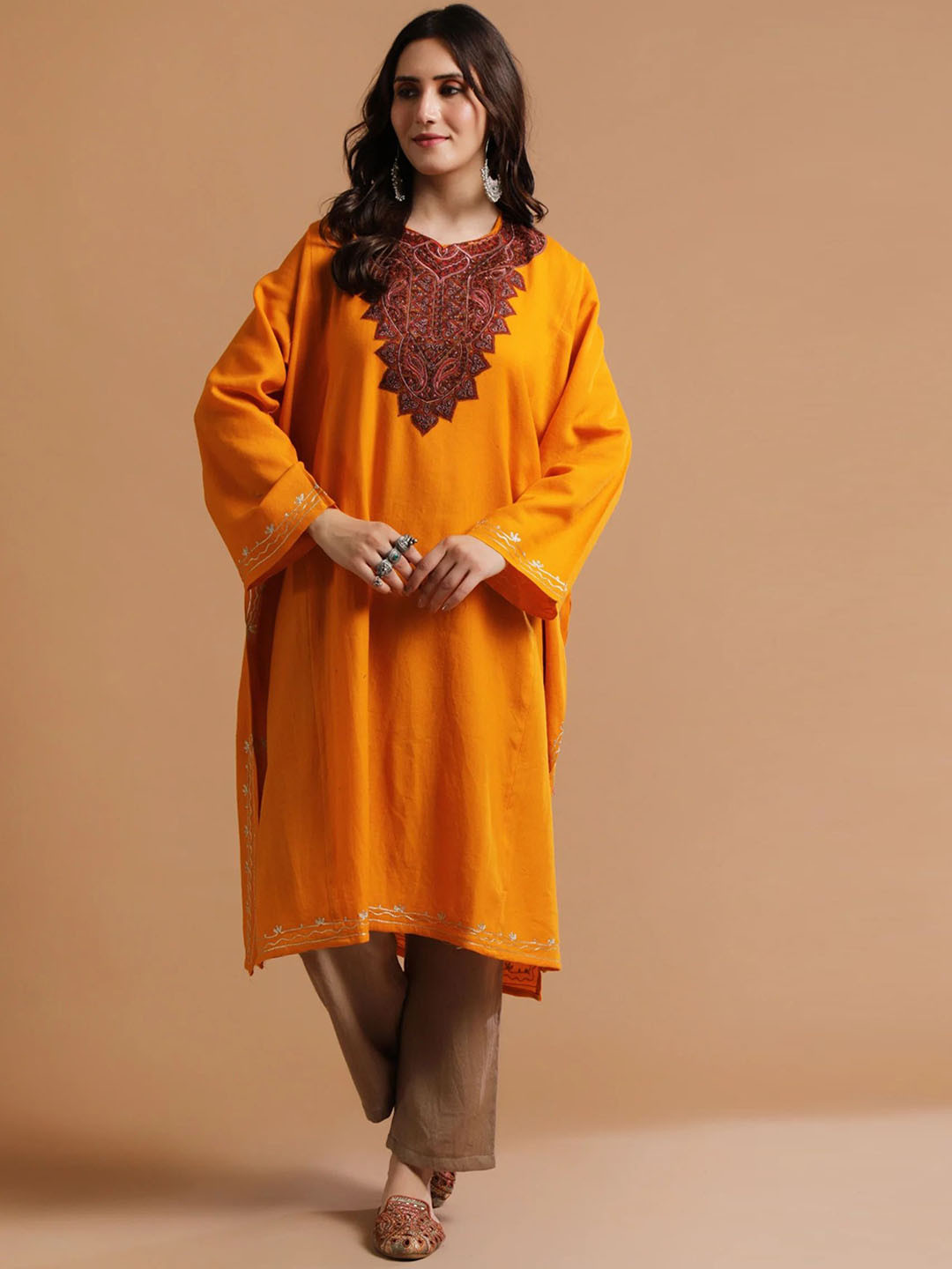 

TJORI Floral Yoke Designed Pakistani Style Thread Work Pure Wool Kurta with Trousers, Orange