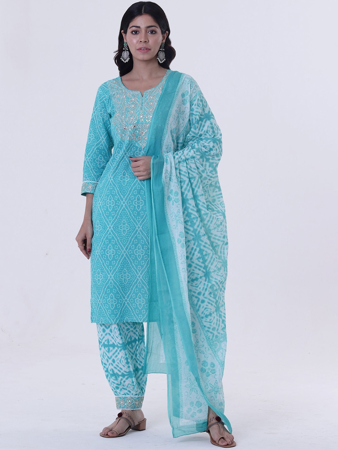 

TJORI Bandhani Printed Straight Sequinned Pure Cotton Kurta with Salwar & With Dupatta, Turquoise blue