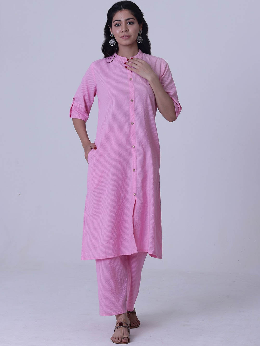 

TJORI Striped Regular Pure Cotton Kurta with Trousers, Pink