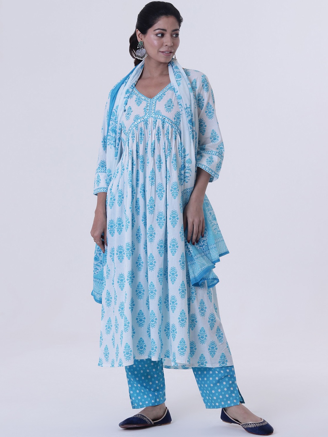 

TJORI Ethnic Motifs Printed Empire Pure Cotton A-Line Kurta With Trousers & Dupatta, Blue