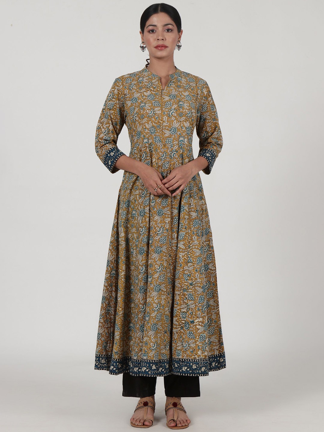 

TJORI Floral Printed Regular Pure Cotton Ajrakh Anarkali Kurta with Trousers, Brown