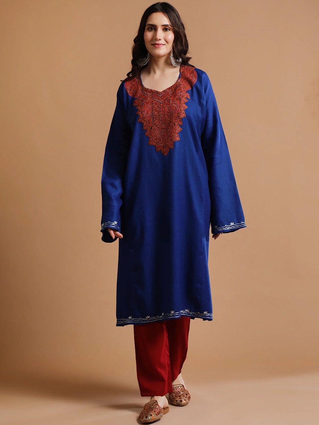 

TJORI Floral Yoke Designed Pakistani Style Thread Work Pure Wool Kurta with Trousers, Blue