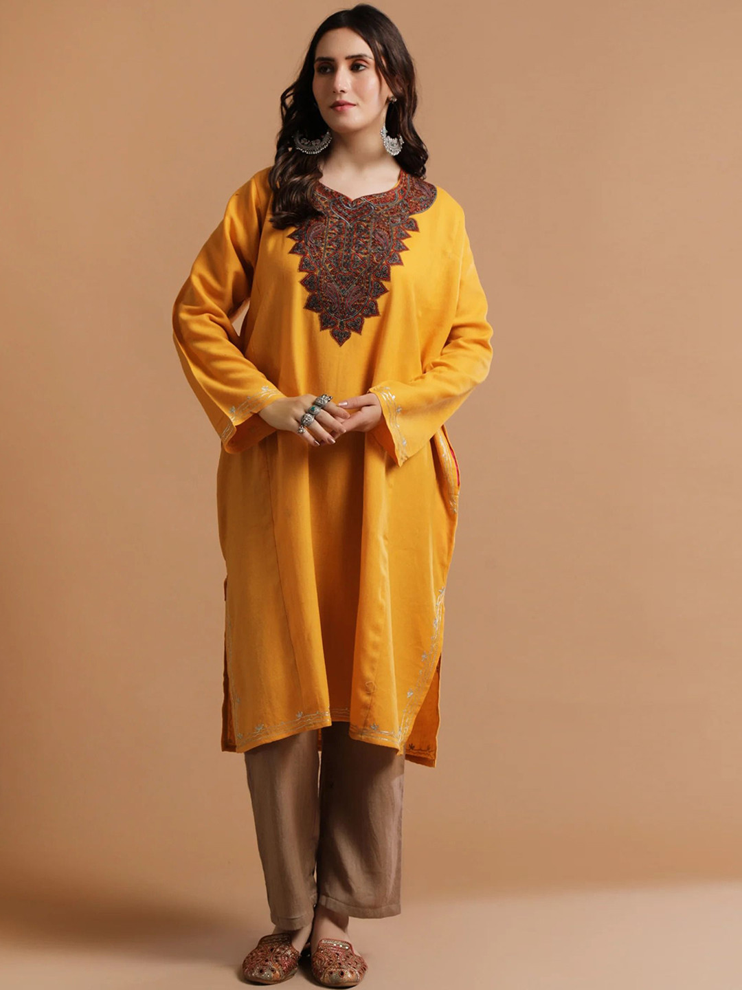 

TJORI Floral Yoke Designed Pakistani Style Thread Work Pure Wool Kurta with Trousers, Orange