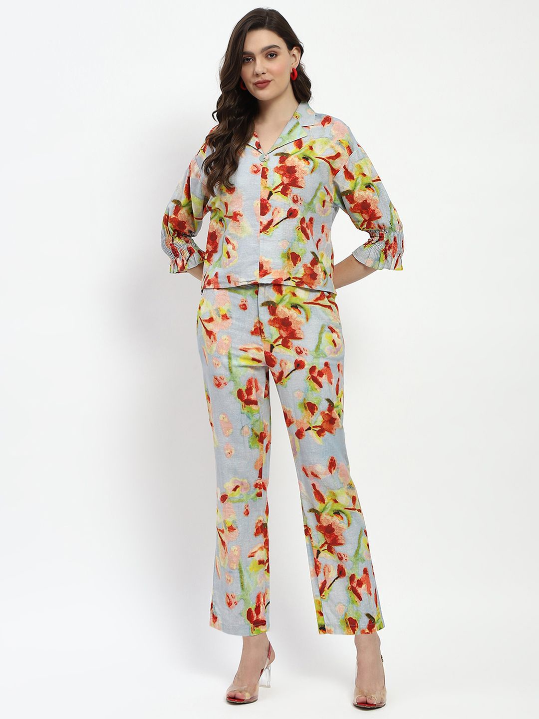 

ENSEMBLE Floral Printed Top & Trousers, Teal