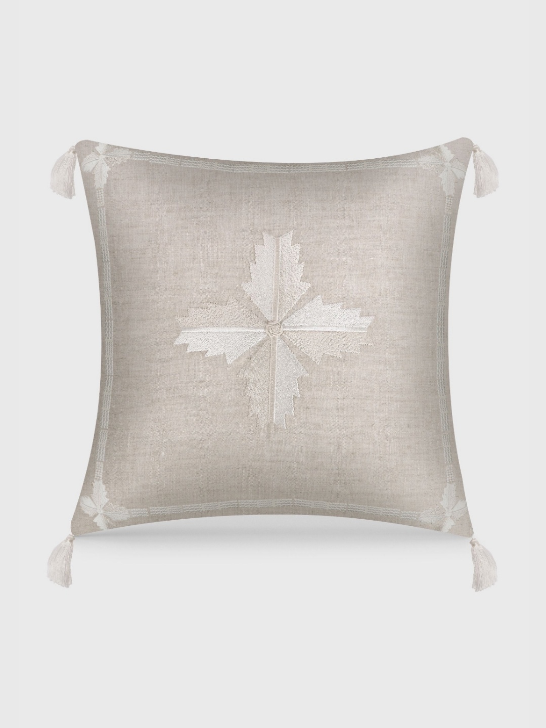 

Mirooh Beige & White Embroidered Cotton Pre-Filled Cushion