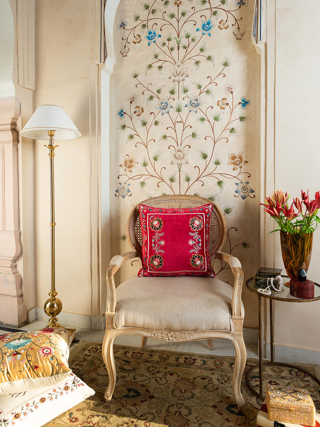 

Mirooh Red & Beige Floral Embroidered Velvet Square Cushion Pillow With Filler