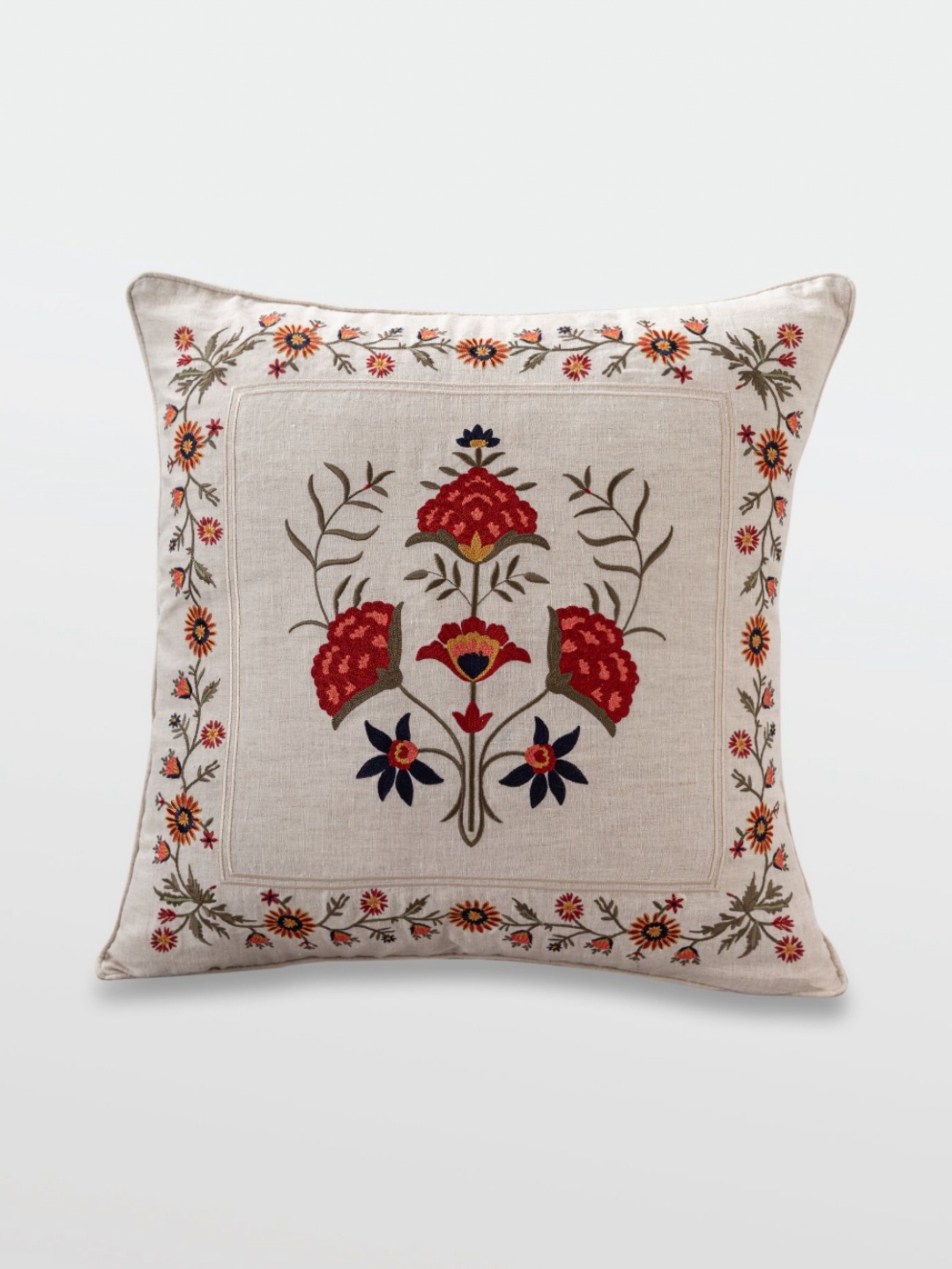 

Mirooh Beige & Red Embroidered Cotton Linen Cushions