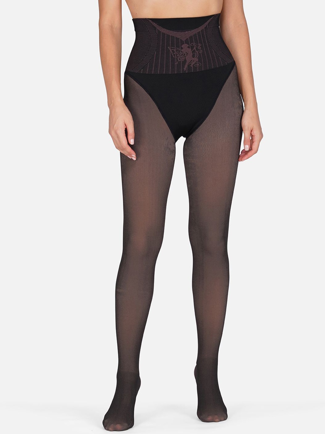 

Poftik Self Design High Waist Dual-Tone Tummy Tucker Stockings, Black