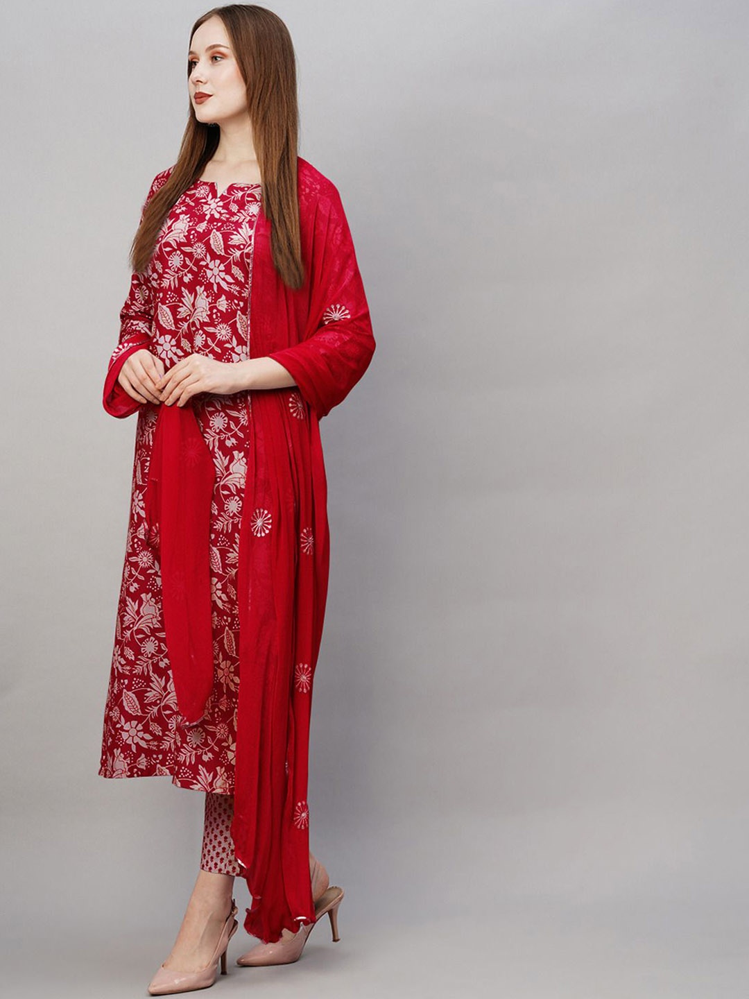 

KALINI Floral Printed Regular Kurta with Trousers & Dupatta, Red