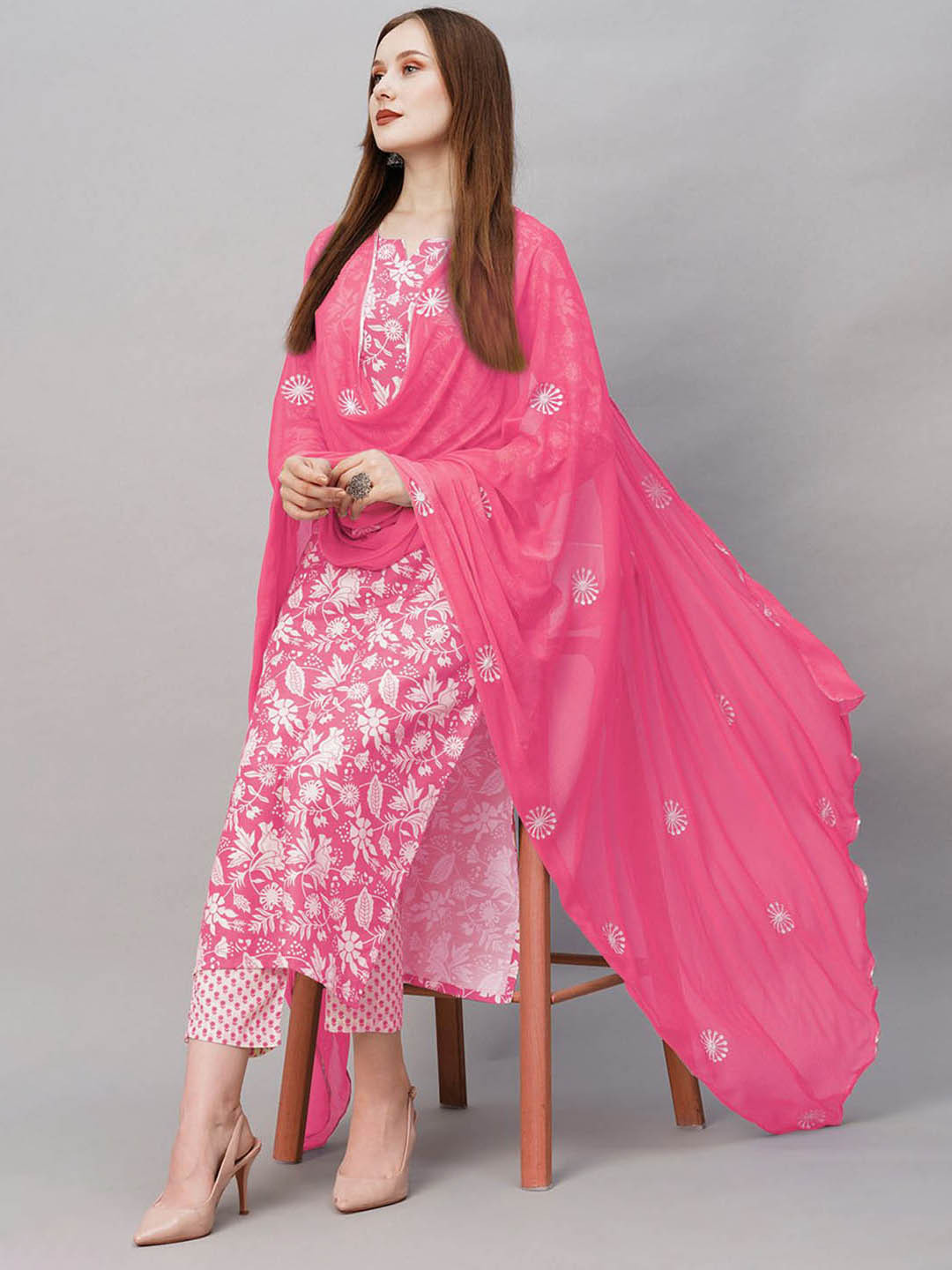

KALINI Floral Printed Regular Kurta with Trousers & Dupatta, Pink