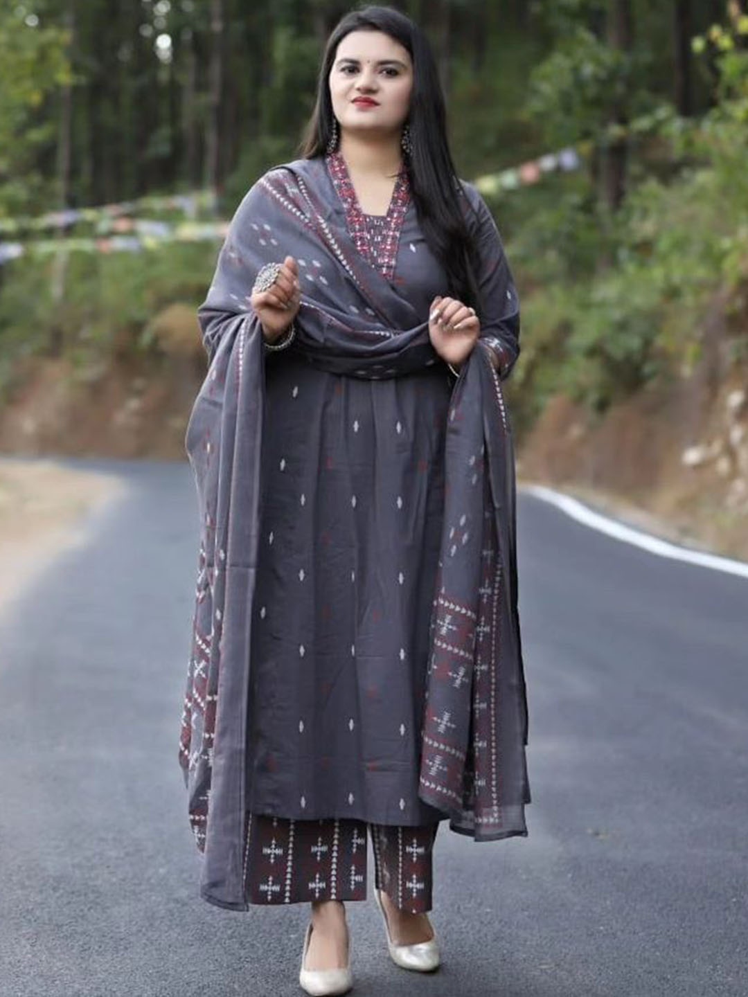 

KALINI Floral Embroidered A Line Kurta & Palazzos With Dupatta, Grey