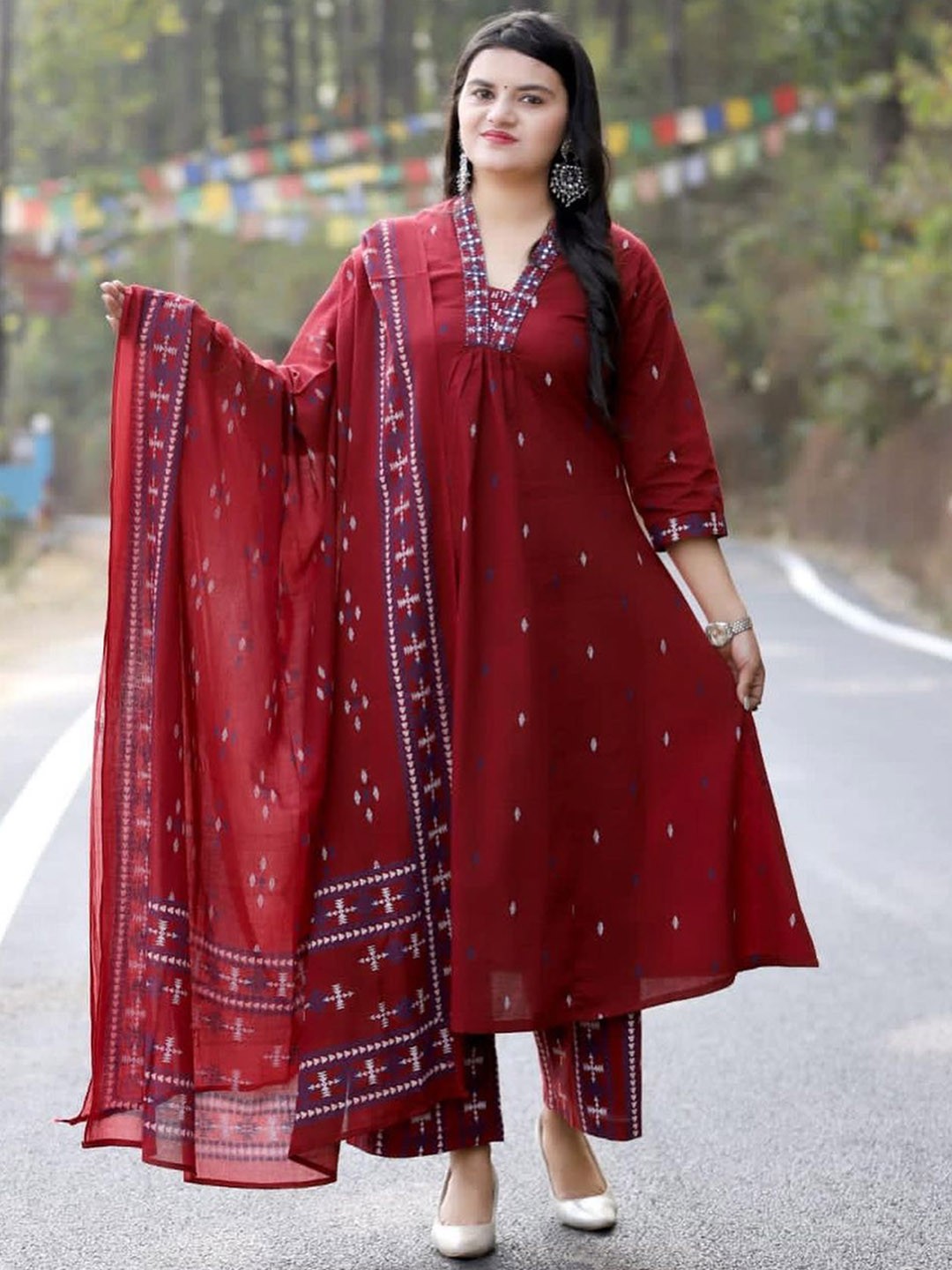 

KALINI Floral Embroidered Regular Thread Work A-Line Kurta With Palazzos & Dupatta, Maroon