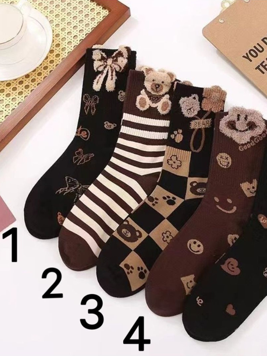 

iSWEVEN Pack of 5 Patterned Ankle Length Socks, Brown