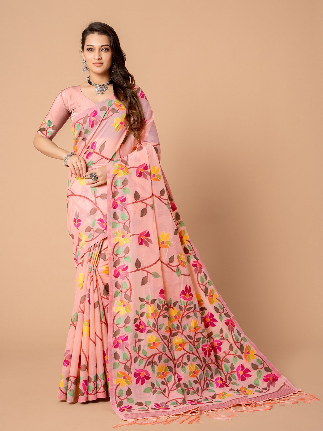 

HEER FASHION Ethnic Motifs Zari Jamdani Saree, Pink