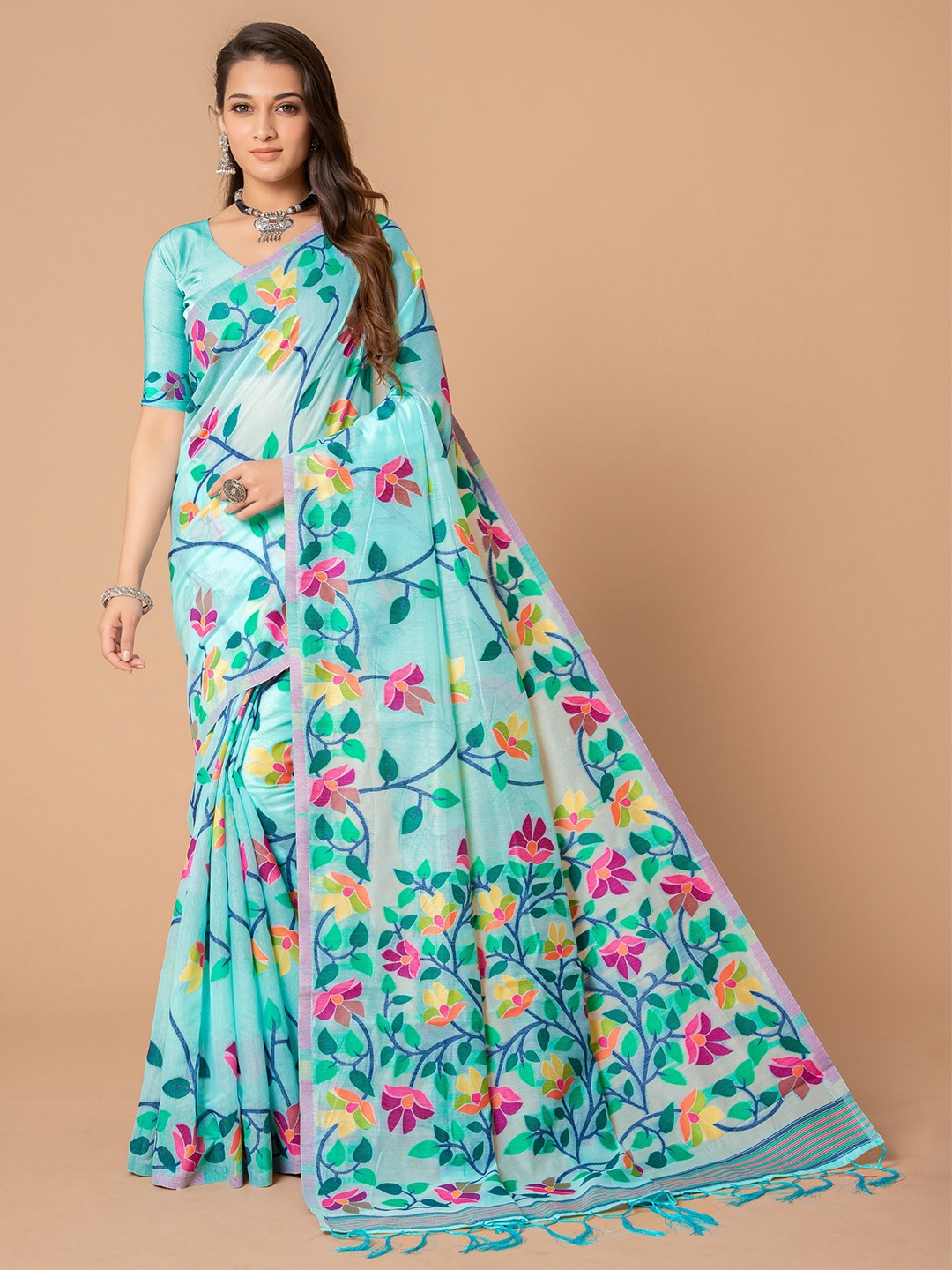 

HEER FASHION Floral Zari Jamdani Saree, Blue