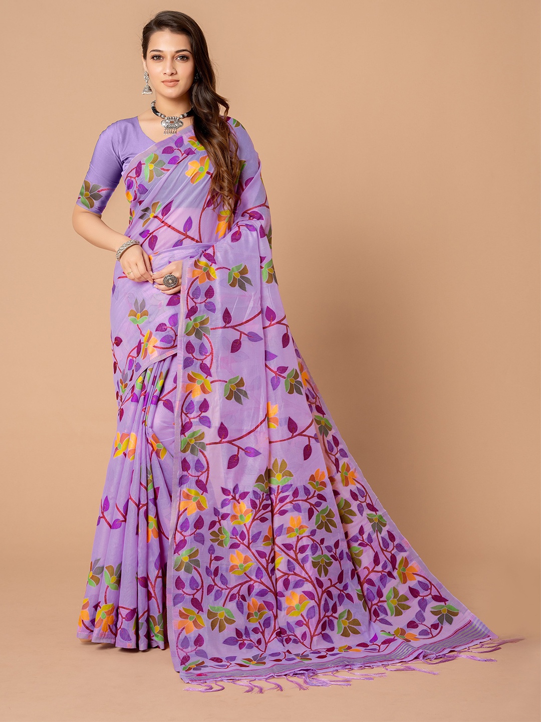 

HEER FASHION Floral Zari Jamdani Saree, Lavender