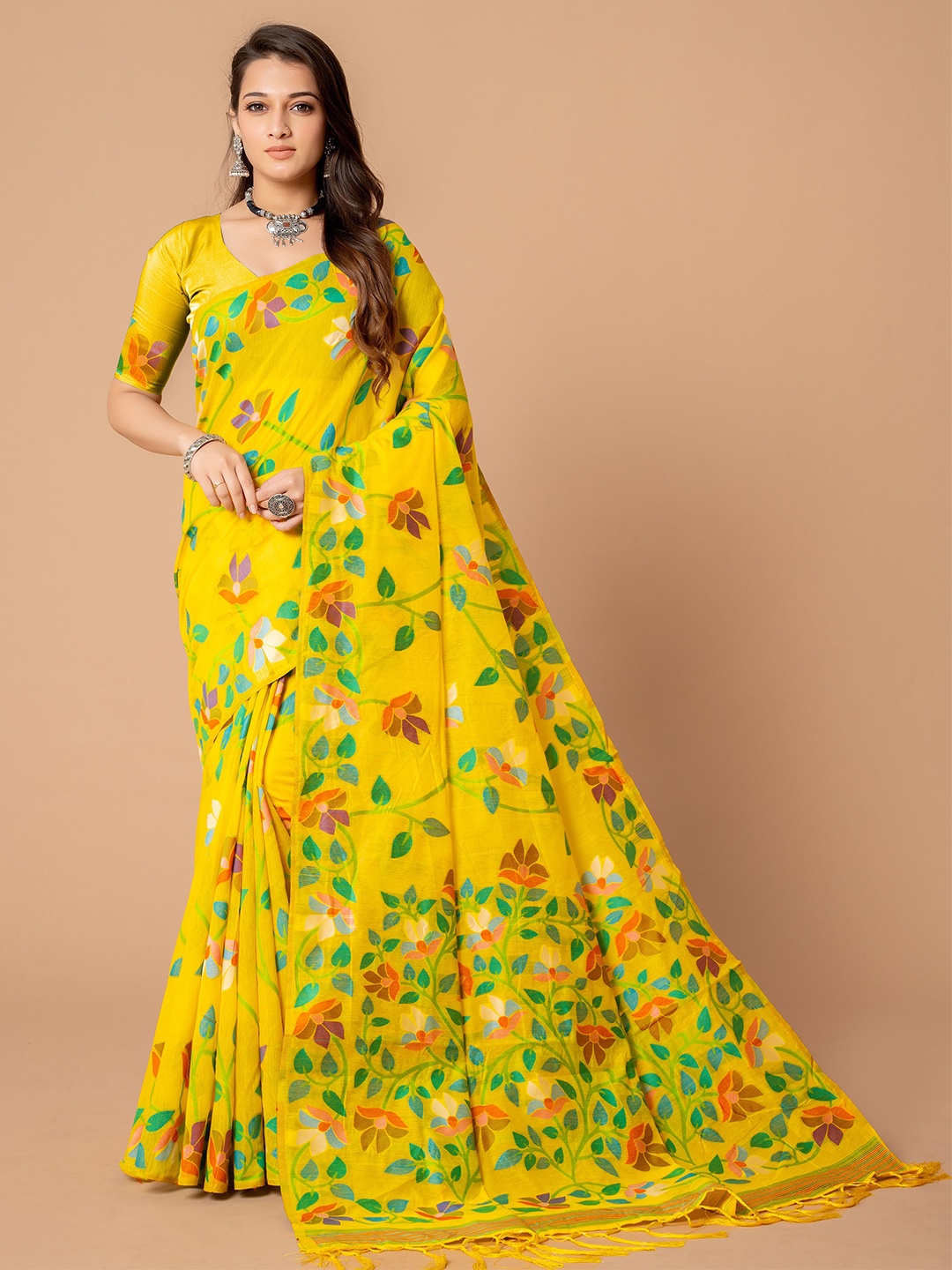 

HEER FASHION Woven Design Jamdani Saree, Yellow