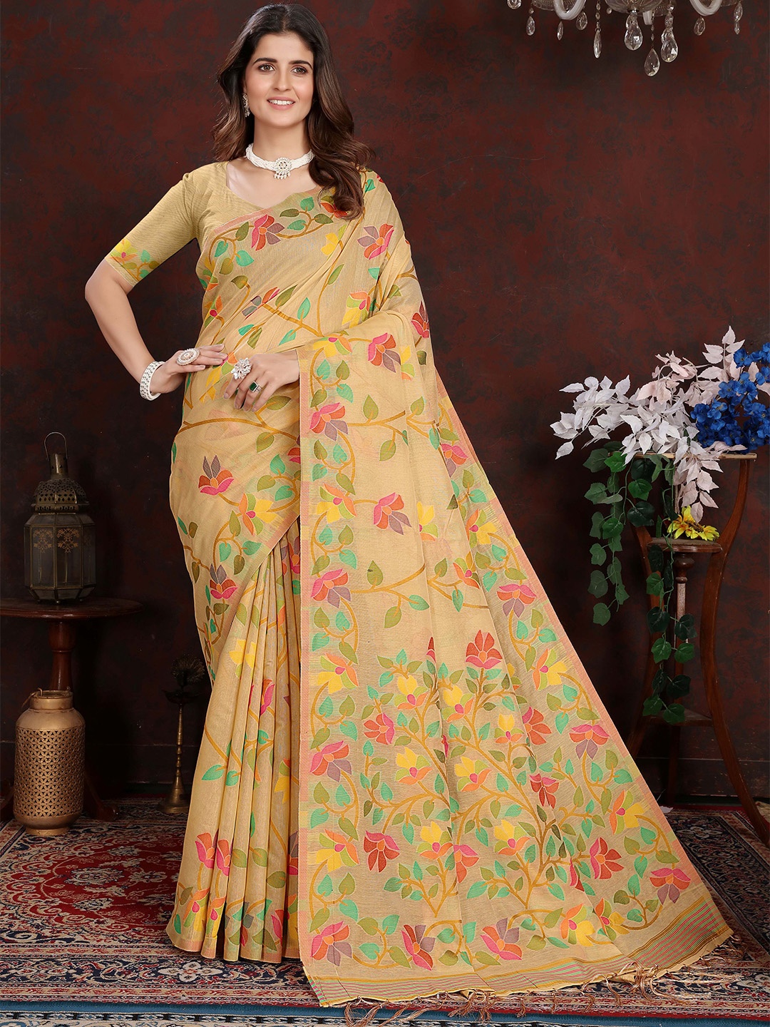 

HEER FASHION Woven Design Jamdani Saree, Beige