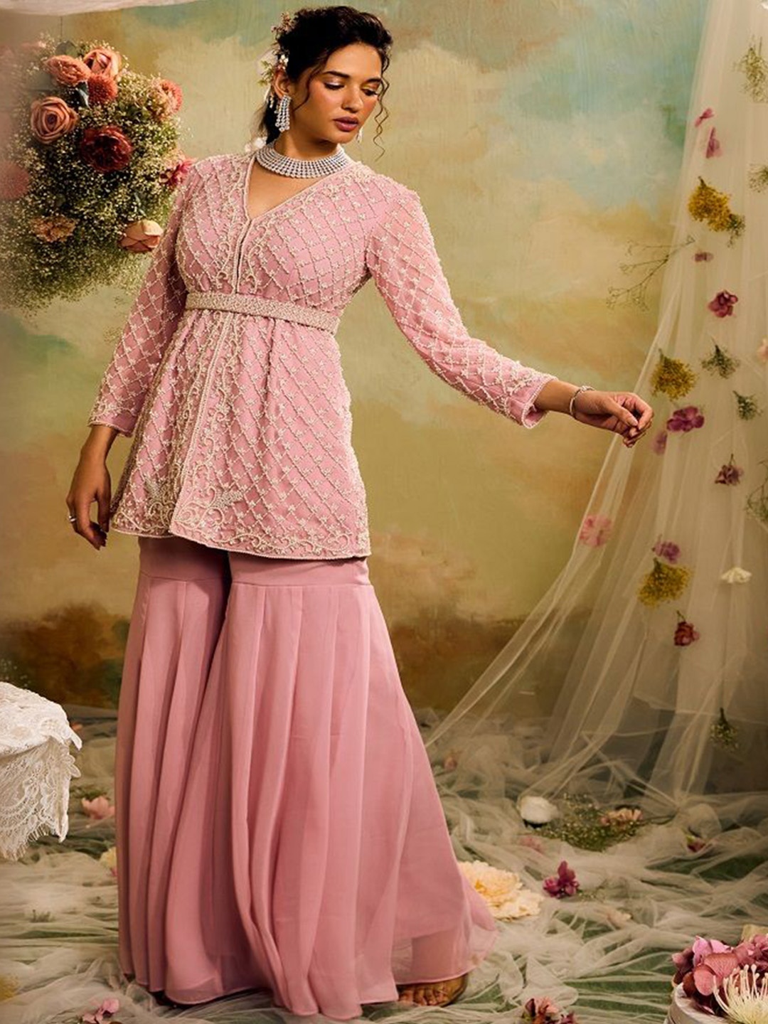 

Studio22 by Pulkita Arora Bajaj Floral Beads & Stones Georgette Straight Kurti & Sharara, Pink