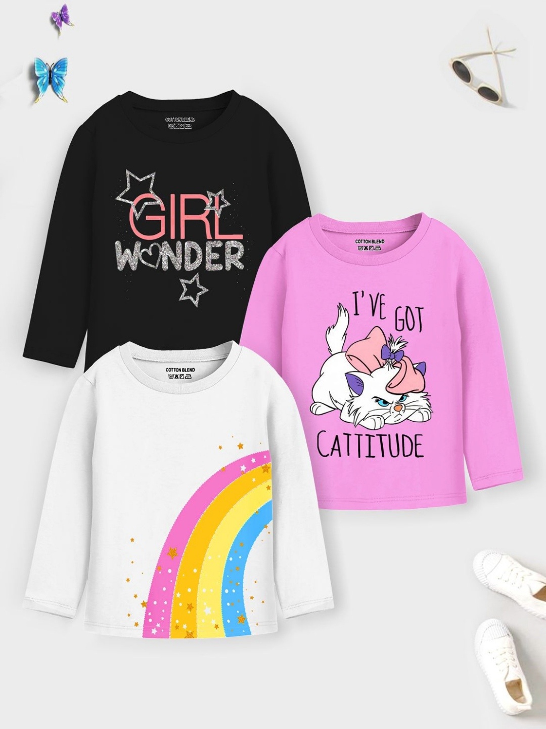 

YK X Trampoline Girls Pack Of 3 Typography Printed Round Neck T-shirts, White