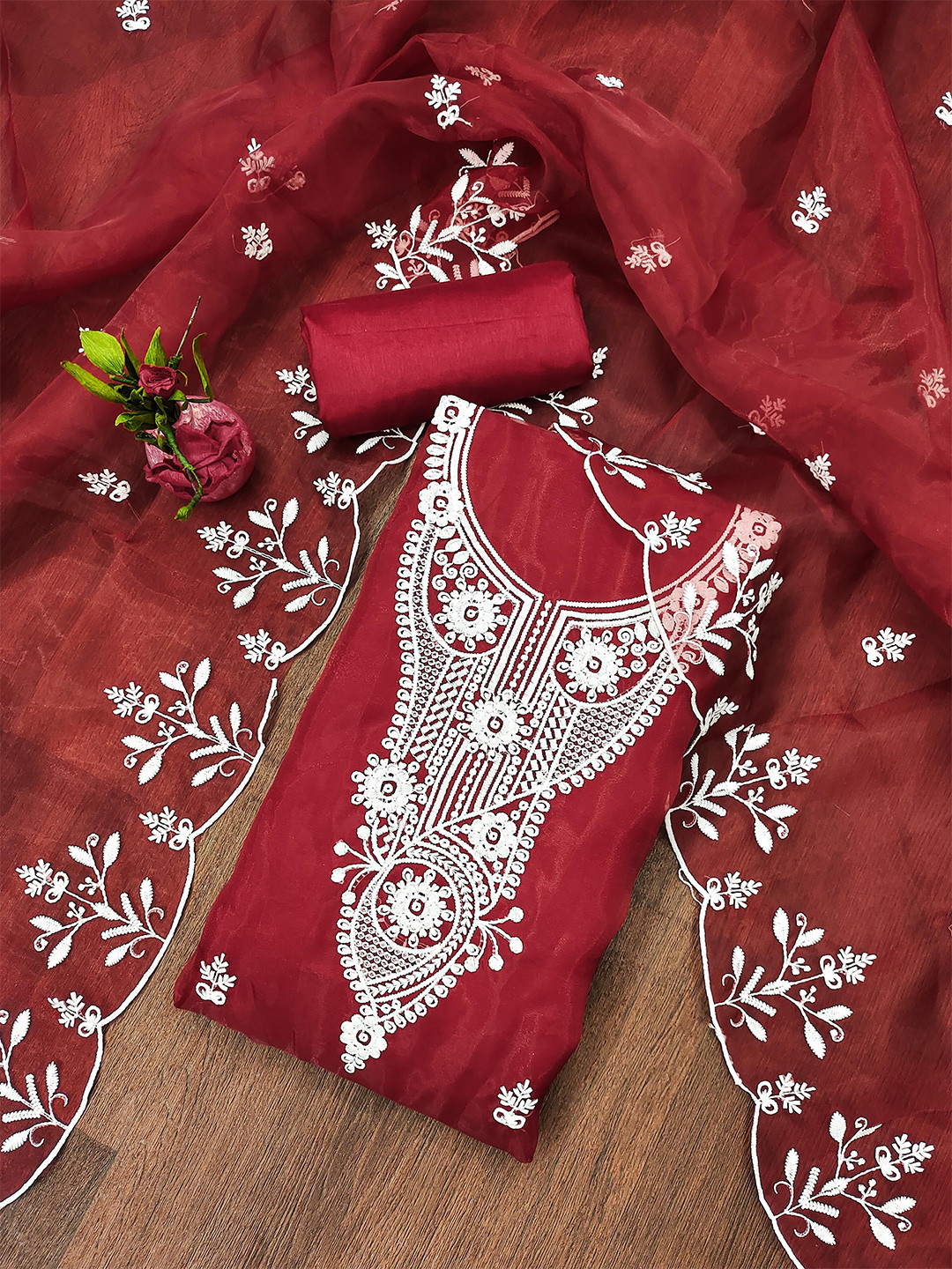 

KALINI Embroidered Organza Unstitched Dress Material, Maroon