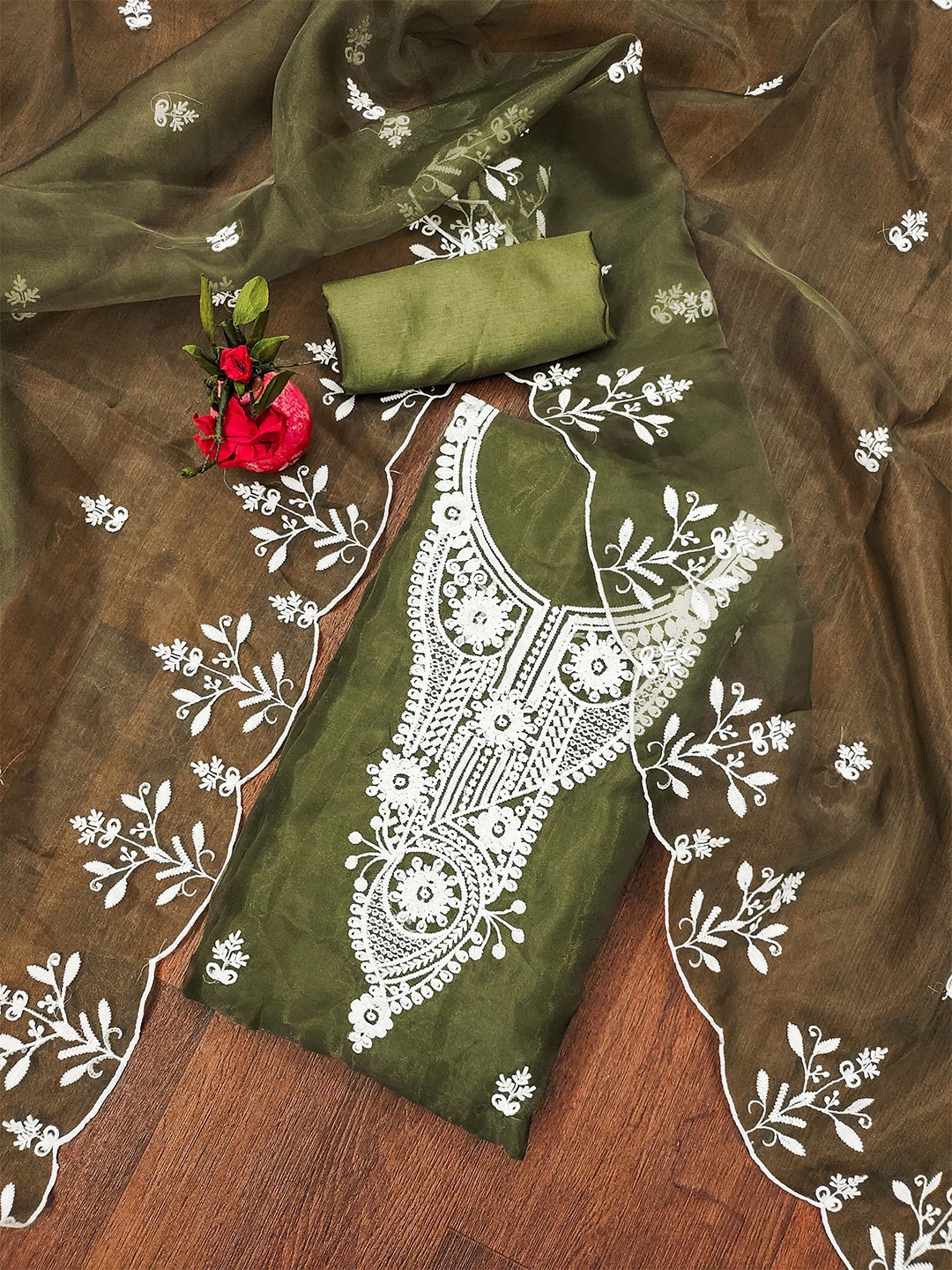 

KALINI Embroidered Organza Unstitched Dress Material, Green