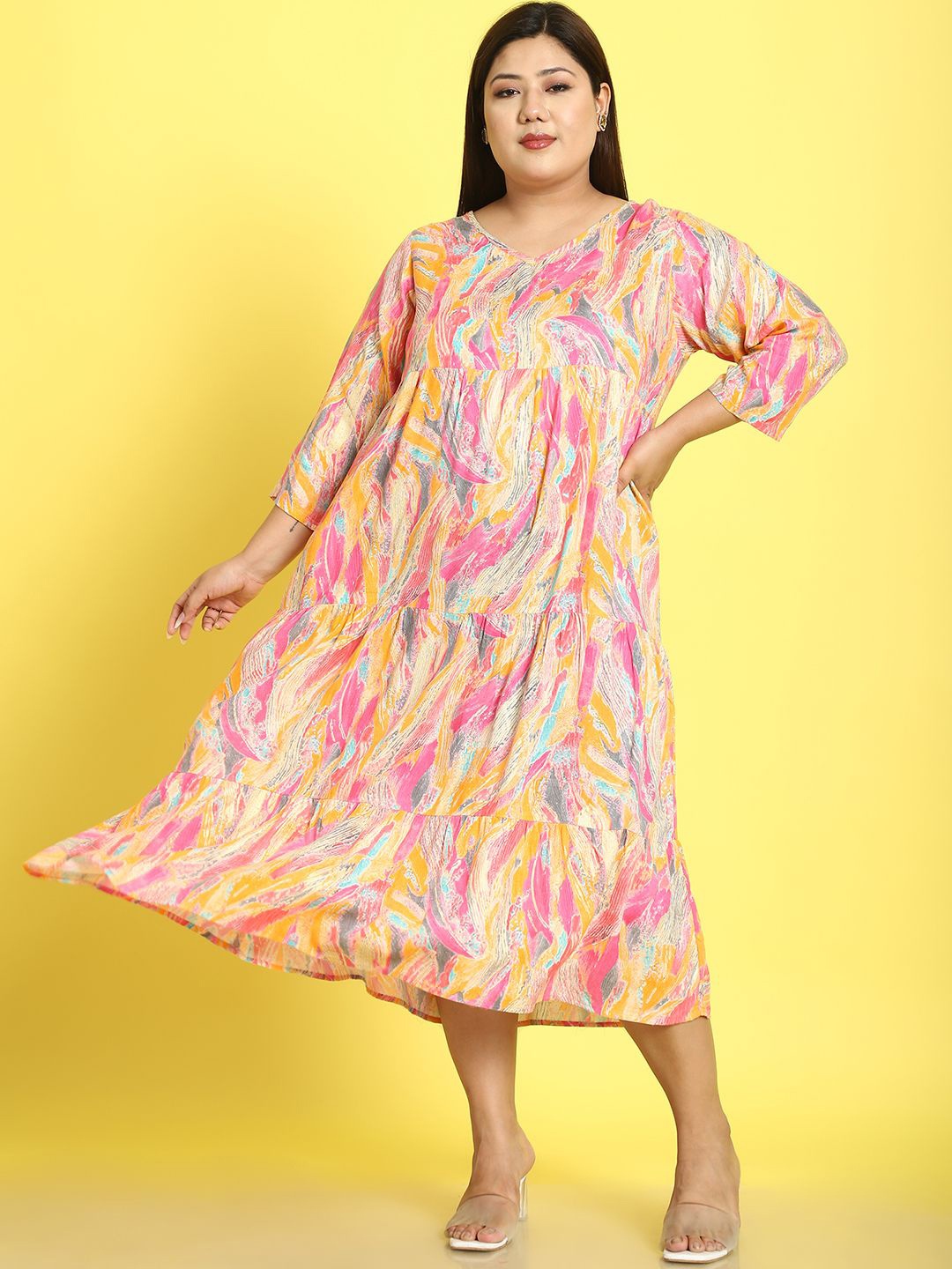 

theRebelinme Plus Size Printed A-Line Midi Dress, Pink