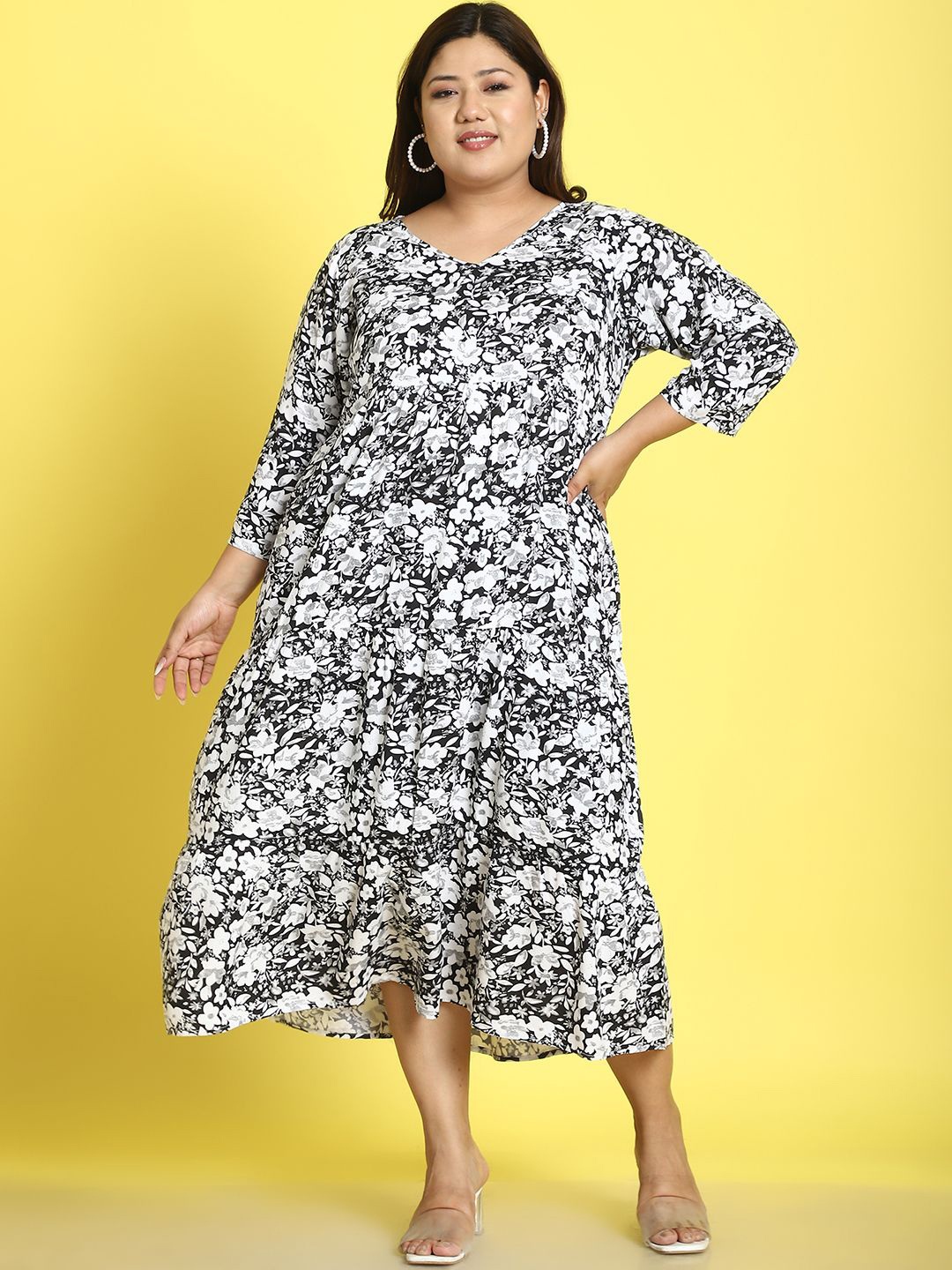 

theRebelinme Plus Size Floral Print Fit & Flare Midi Dress, Black