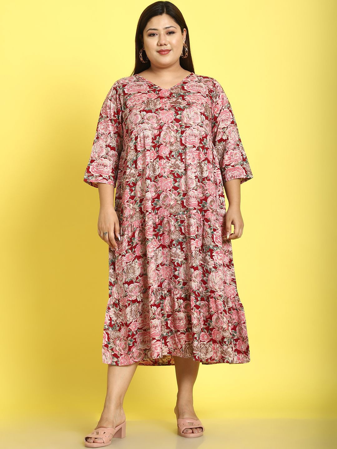 

theRebelinme Plus Size Floral Print A-Line Midi Dress, Maroon