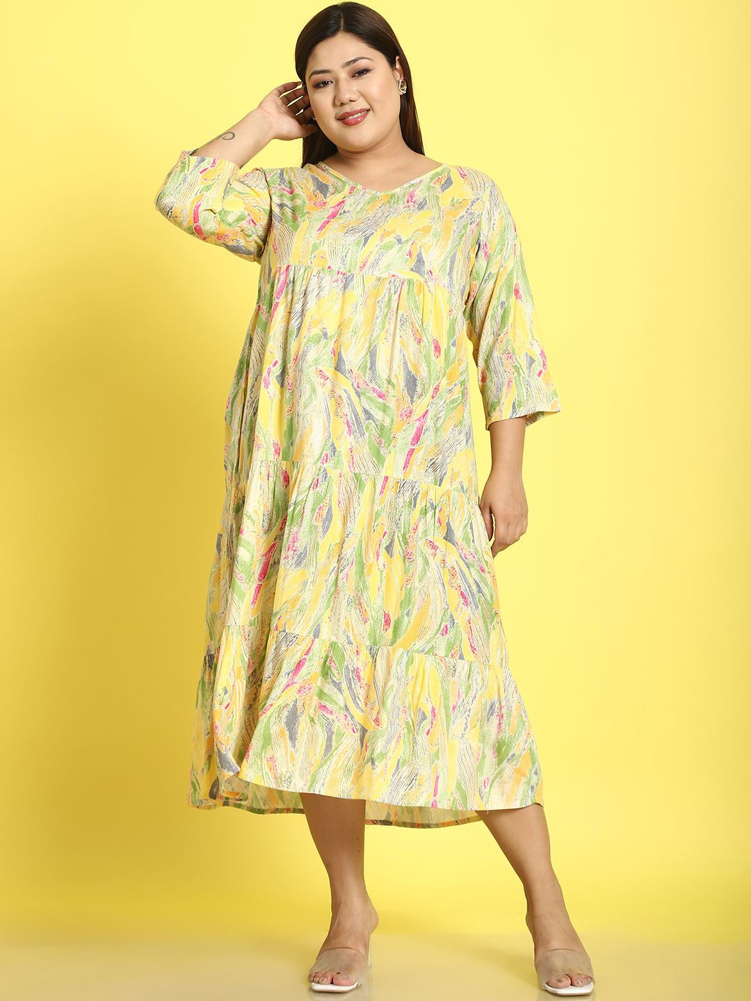 

theRebelinme Plus Size Print A-Line Midi Dress, Yellow