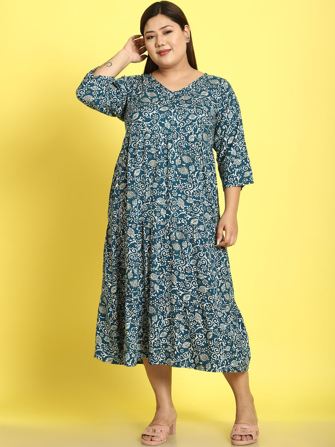 

theRebelinme Plus Size Floral Print A-Line Midi Dress, Teal