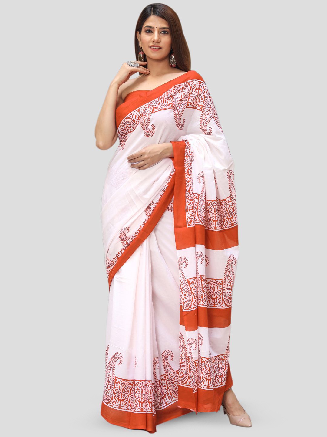 

BUTA BUTI Paisley Printed Pure Cotton Daily Saree, Orange