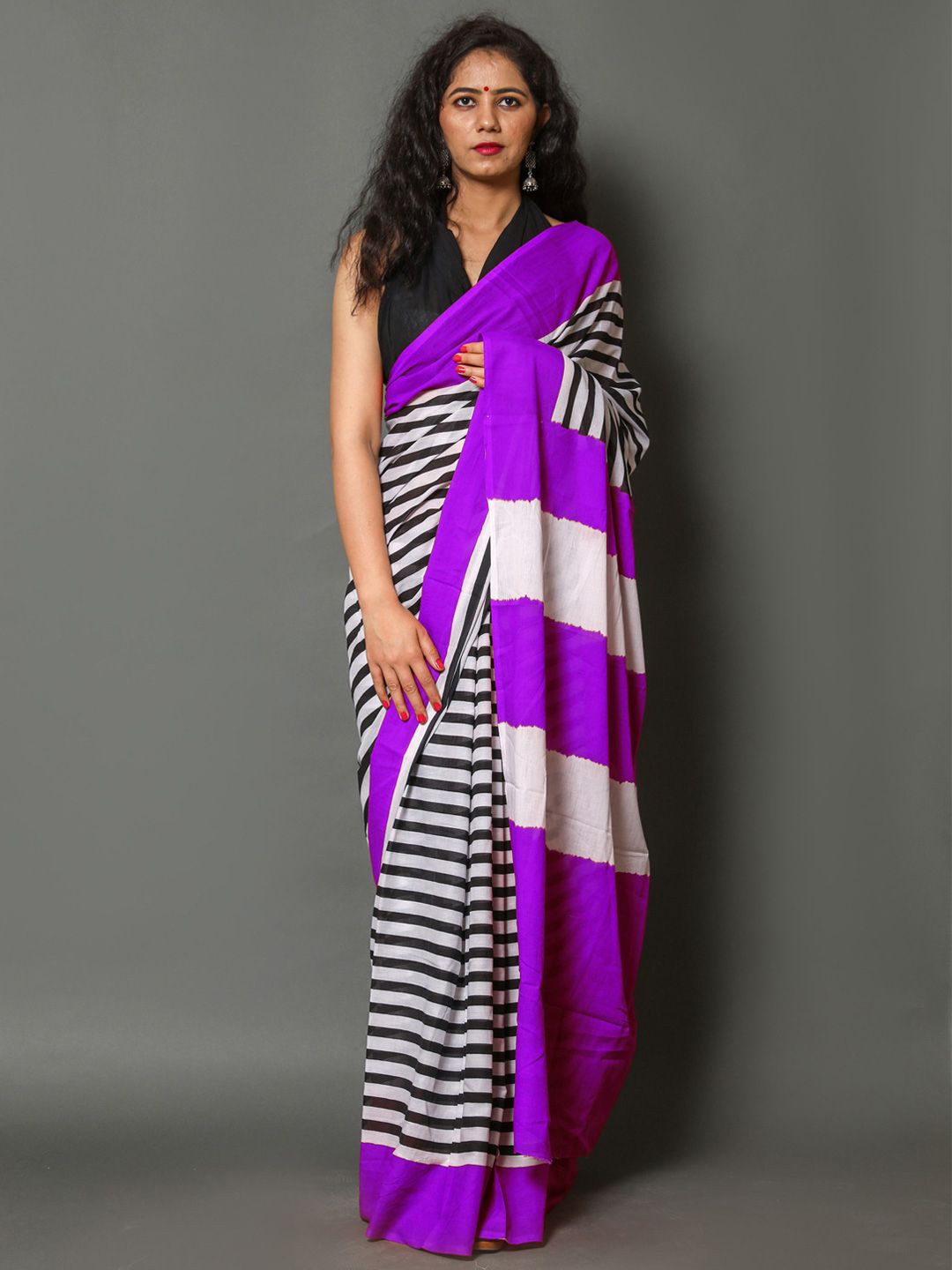 

BUTA BUTI Striped Pure Cotton Saree, Purple