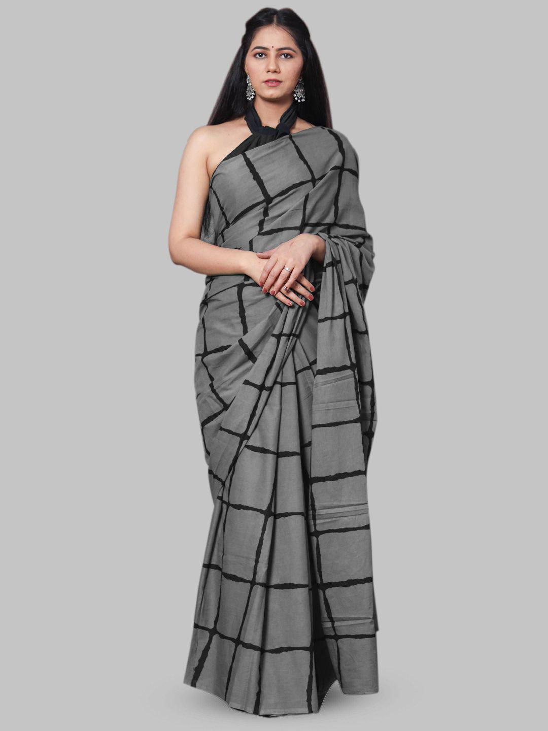 

BUTA BUTI Checked Pure Cotton Saree, Grey