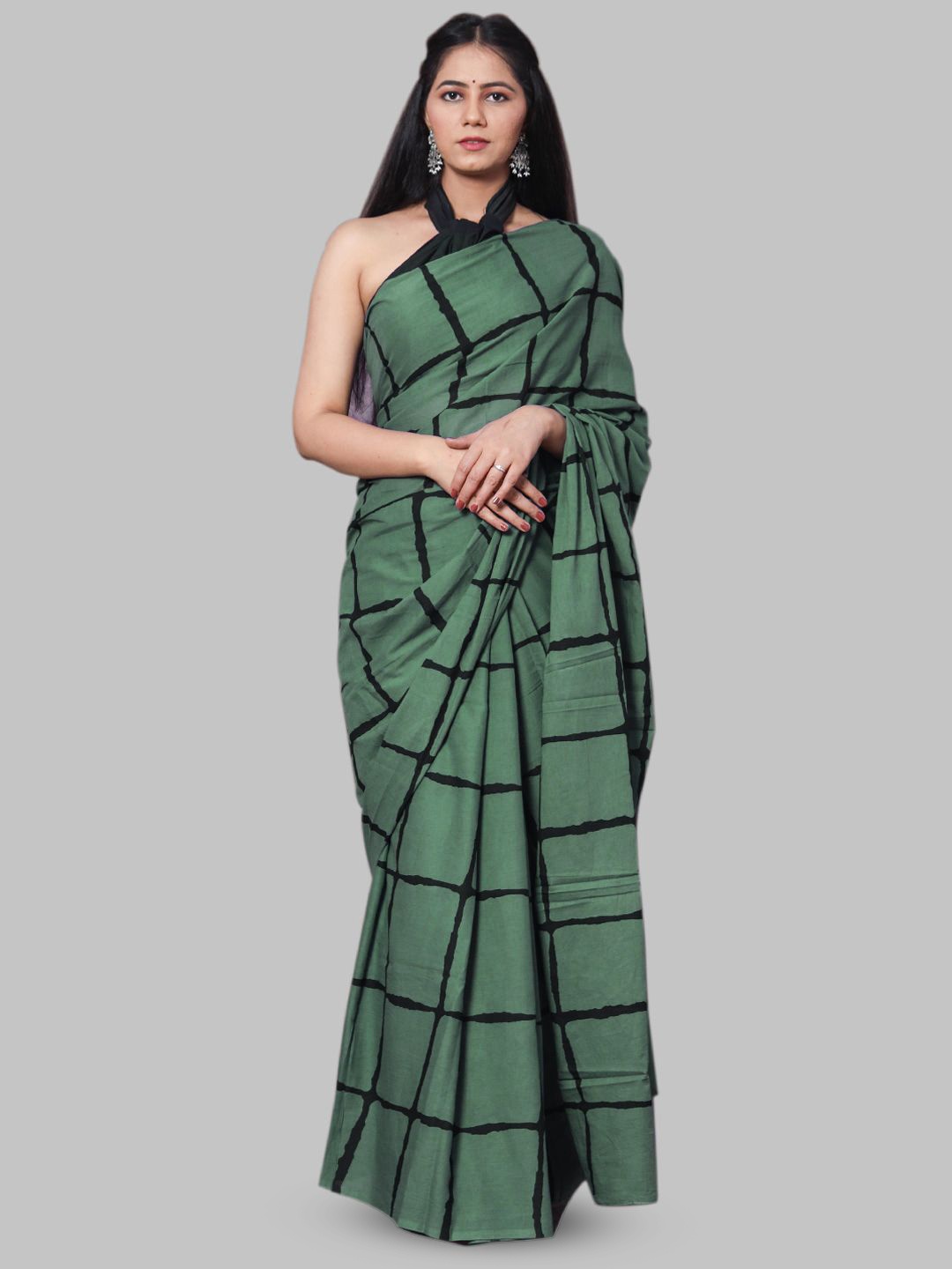 

BUTA BUTI Checked Pure Cotton Saree, Green