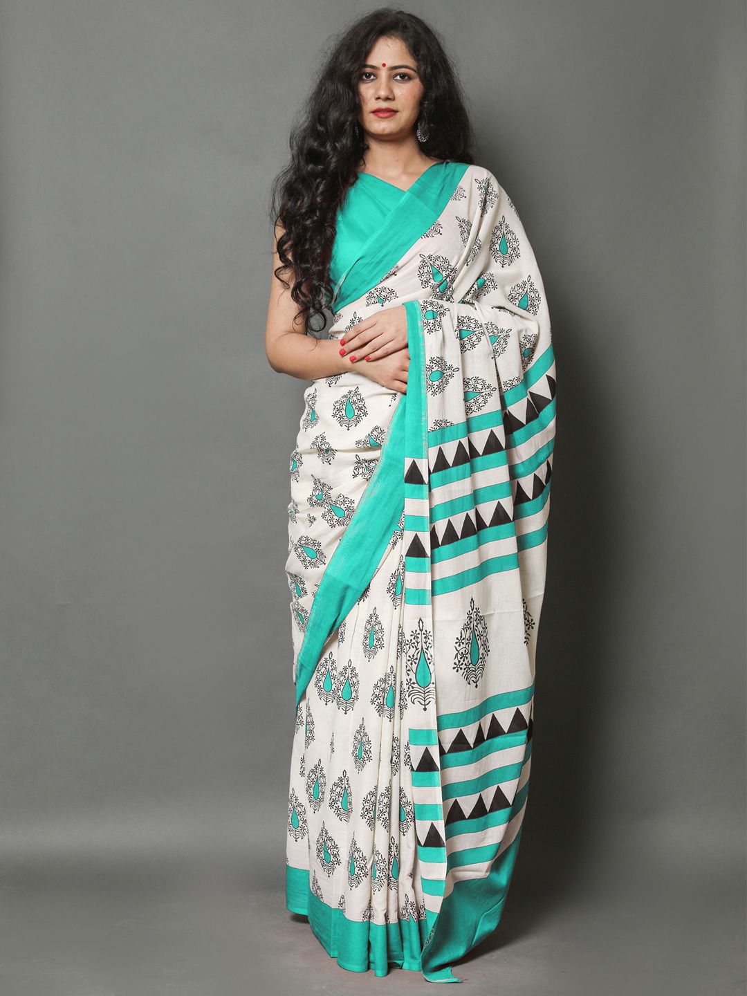 

BUTA BUTI Ethnic Motifs Pure Cotton Saree, Sea green