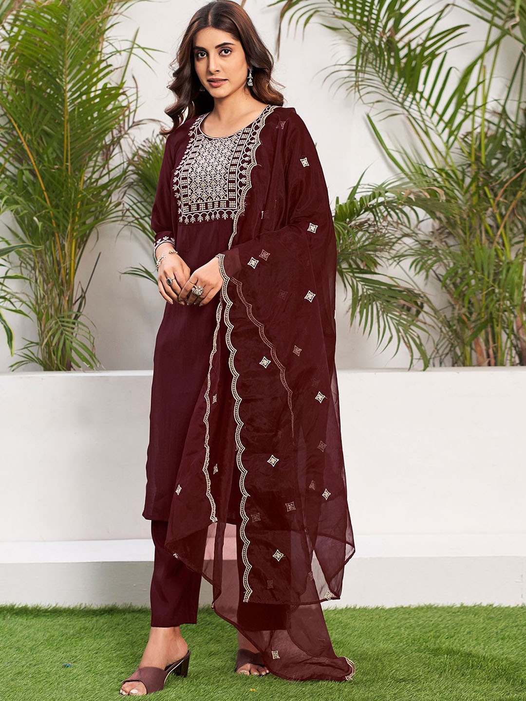 

KALINI Floral Embroidered Sequinned Straight Kurta with Trousers & Dupatta, Maroon